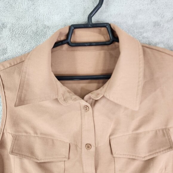 Women's Brown Shirt Top Button-Up Sleeveless 100% Polyester Pockets Size XL - Picture 8 of 10